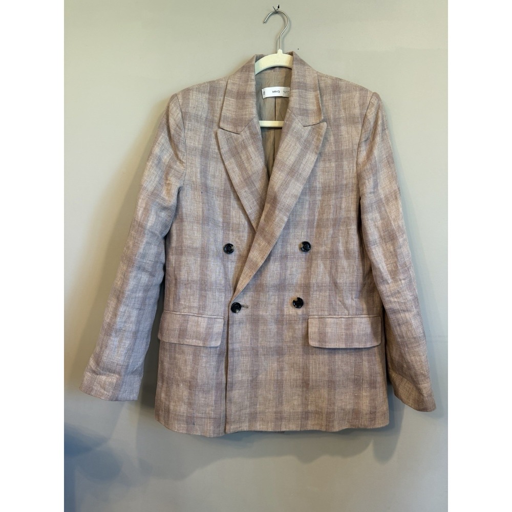 Mango MNG 100% Linen Brown Plaid Women's Blazer‎ Classic Career Medium